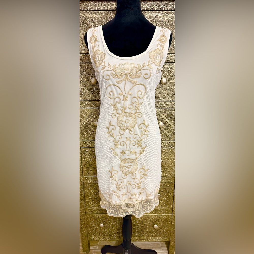 Elegant White and Gold Embroidered Dress